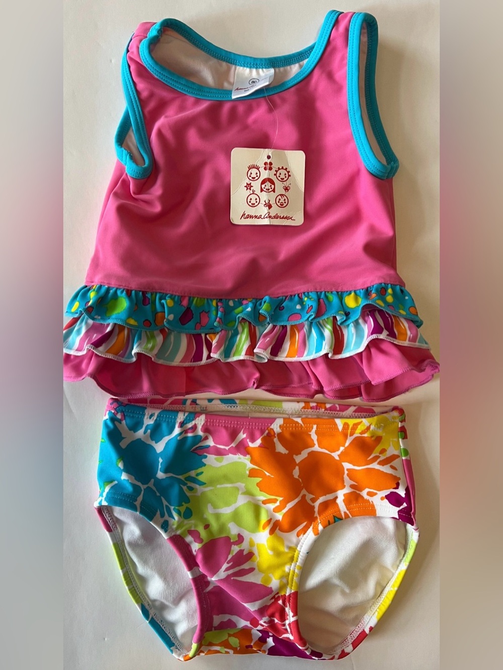 Hanna Andersson Hot Pink Ruffle Tankini with Multicolor Floral Bottoms 18-24M